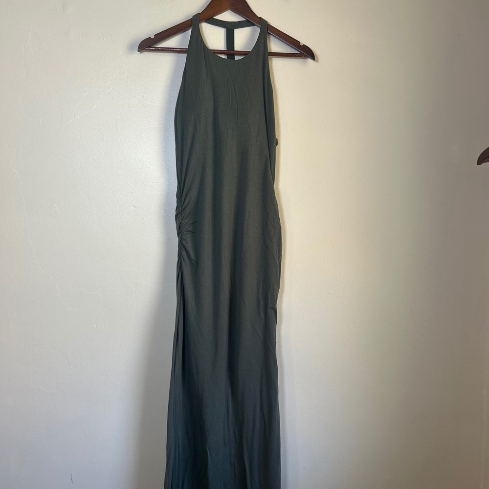 EUC Athleta Maxi Dress Halter Ruched Side Slit Size S Green Athleisure Travel